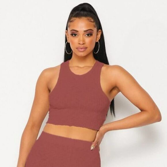 NEW Crewneck cropped tank top ribbed knit Cotton blend Rust AGRADE raw hem - Picture 1 of 10